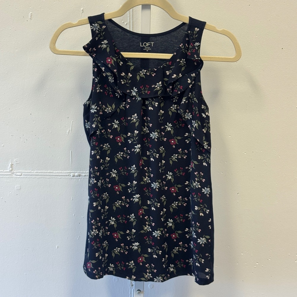 Loft Outlet Womens XS Navy Blue Floral Ruffle Mixed Media Sleeveless Tank Top